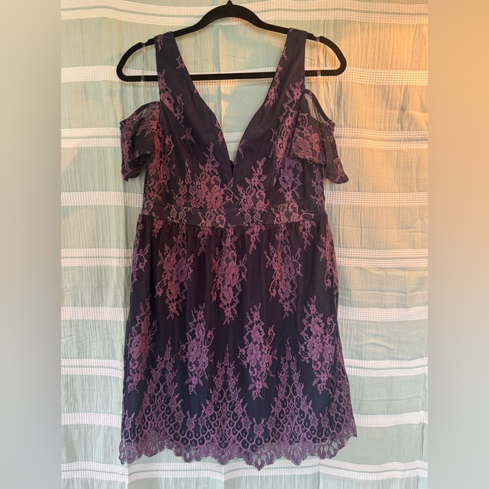 Navy with Purple Lace Cold Shoulder Dress